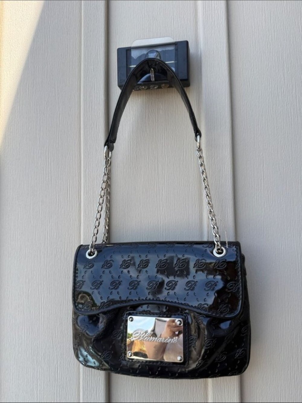 Blumarine Small Black Patent Shoulder Bag with Silver Chain